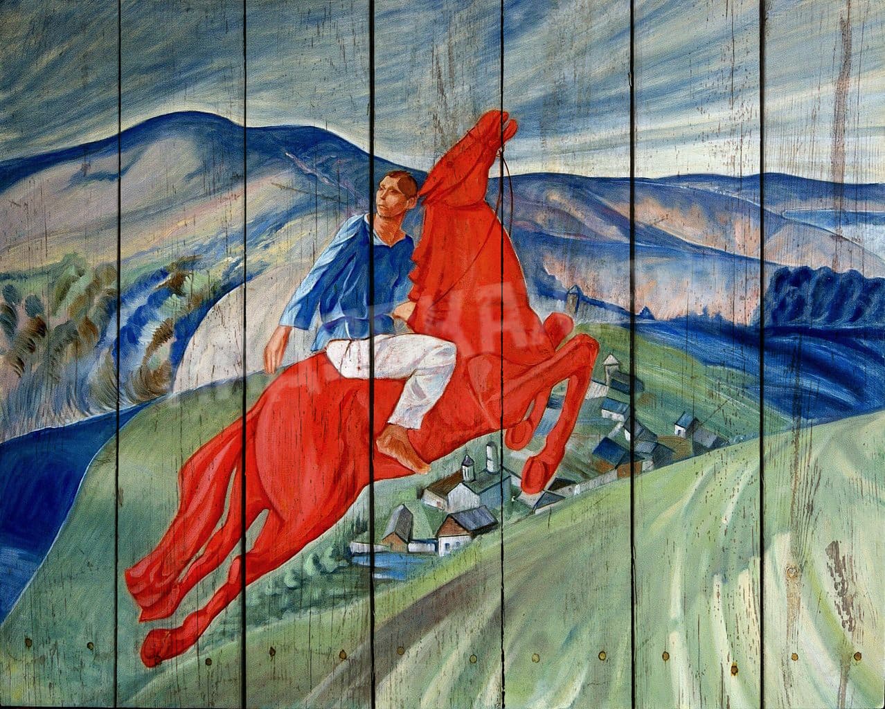 Картина на досках К. С. Петров-Водкин. Красный всадник