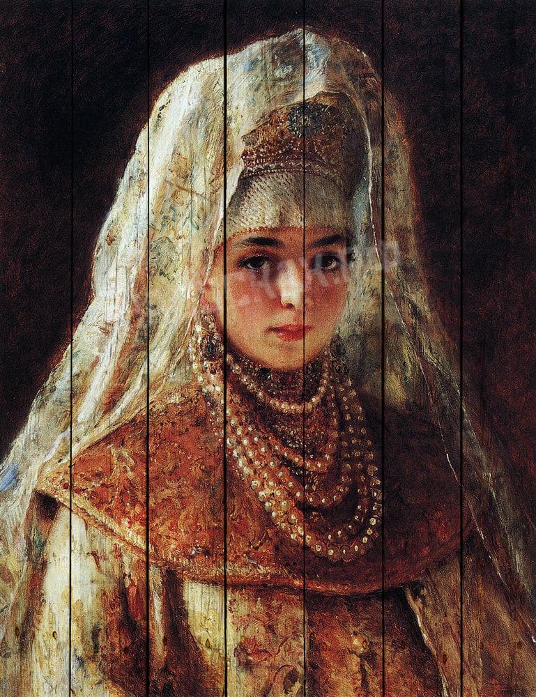 Картина на досках Константин Маковский. Боярышня, Этюд к картине 1901 года «Хмелем обсыпают»