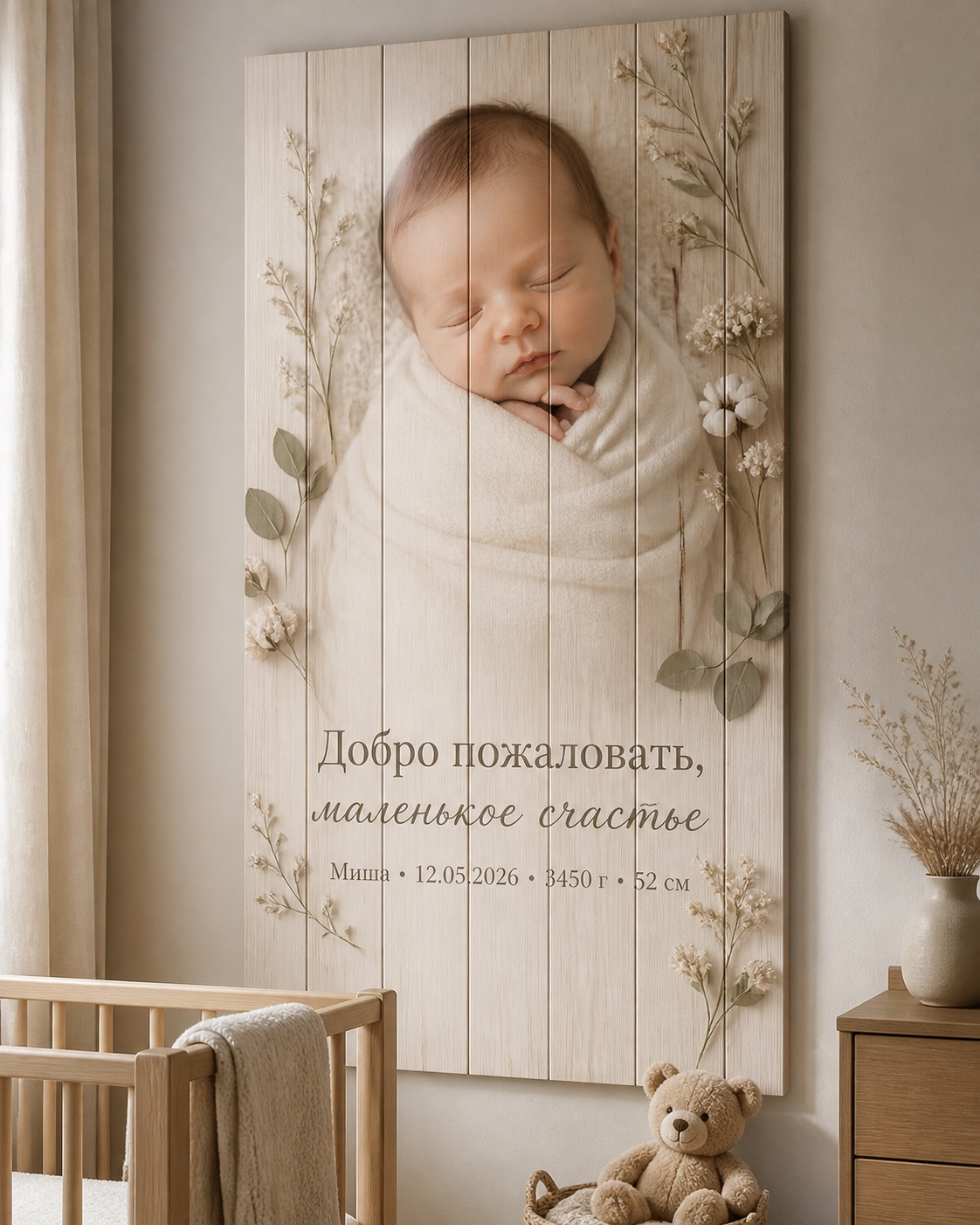 Первые кадры малыша — на дереве они смотрятся мягче, чем на холсте
